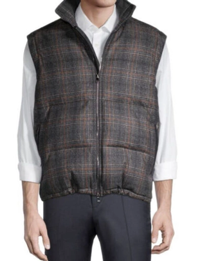 Pre-owned Isaia $3250  Glen Plaid Puffer Jacket Vest Coat Charcoal 42 Us/52 Eu Italy In Gray