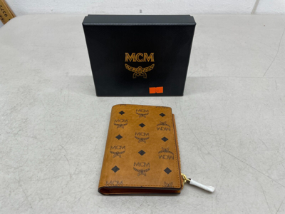 MCM Bifold Visetos Leather Zip Card Wallet Cognac