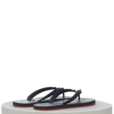 Pre-owned Christian Louboutin 350$ Men's Loubi Flip Flop Black Rubber W/spikes & Red Soles