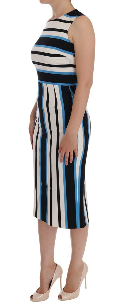 Pre-owned Dolce & Gabbana Dress Blue White Striped Silk Stretch Sheath It38 /us4 Rrp $1900 In Multicolor
