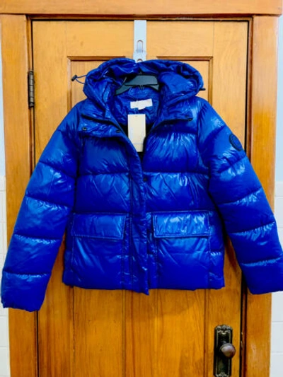 Pre-owned Michael Kors Quilted Hooded Sustainable Insulation Puffer Jacket  Blue Size M In Lazuli Blue | ModeSens