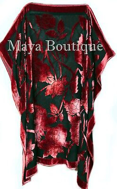 Pre-owned Maya Matazaro Caftan Dress Kimono Silk Burnout Velvet Red Black Hand Dyed