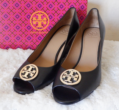 Pre-owned Tory Burch Benton 2 Peep Toe 85mm Wedge Perfect Black Women Size   Box | ModeSens