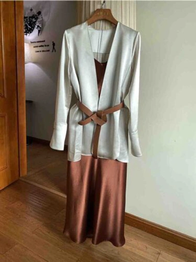 Pre-owned Handmade Custom Made To Order Women's Cardigan Shirt /dress 2 Piece Suit Plus 1x-10x L834 In Beige/coffee