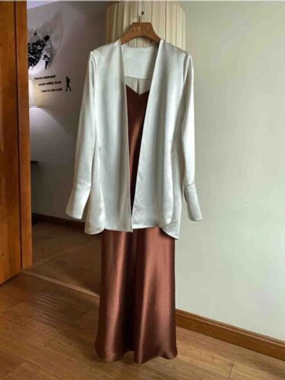 Pre-owned Handmade Custom Made To Order Women's Cardigan Shirt /dress 2 Piece Suit Plus 1x-10x L834 In Beige/coffee