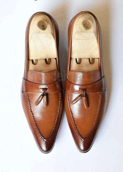 Pre-owned Handmade Men's Leather Loafers Brown Fashion Tassels Moccasins Formal Shoes-463