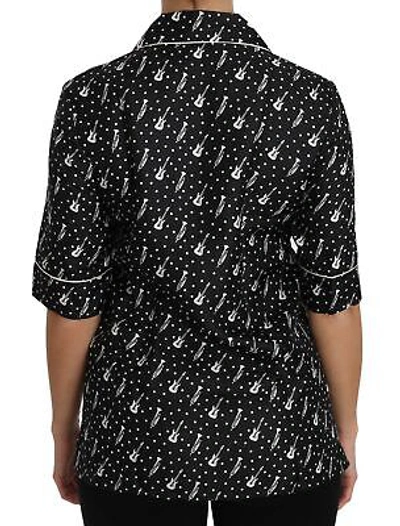Pre-owned Dolce & Gabbana Blouse Guitar & Trumpet Print Silk Shirt Top It42/us8/m $1100 In Black