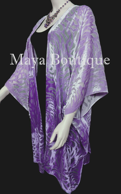 Pre-owned Maya Matazaro Lilac Ombre Camellia Burnout Velvet Caftan Kimono Jacket Hand Dyed In Purple