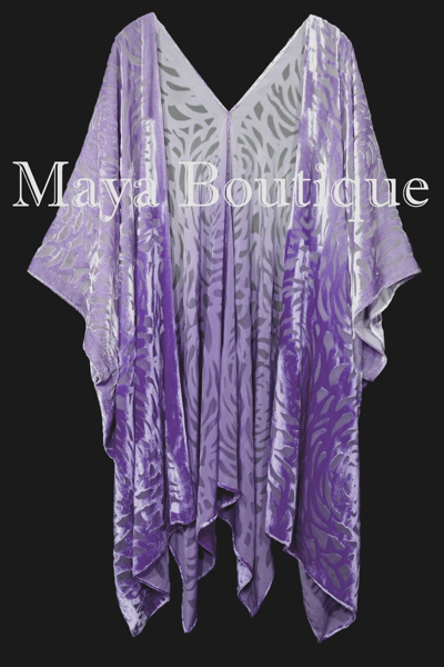 Pre-owned Maya Matazaro Lilac Ombre Camellia Burnout Velvet Caftan Kimono Jacket Hand Dyed In Purple