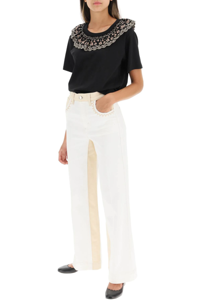 Shop See By Chloé Embroidered Ruffle T-shirt In Black,beige