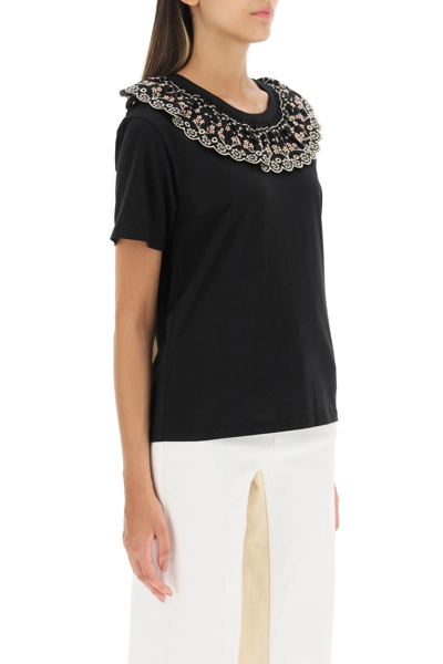 Shop See By Chloé Embroidered Ruffle T-shirt In Black,beige