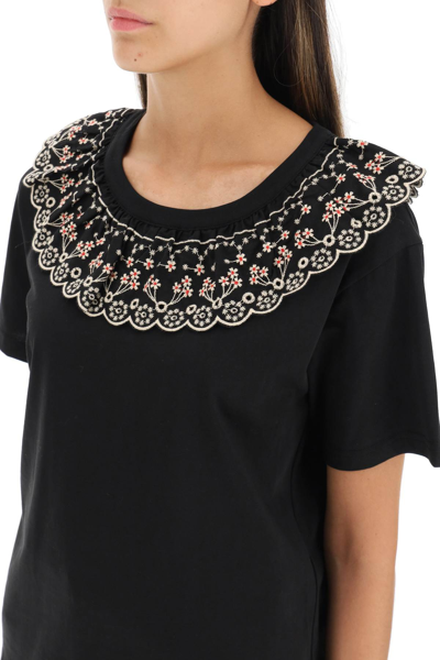 Shop See By Chloé Embroidered Ruffle T-shirt In Black,beige