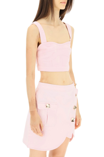 Shop Self-portrait Denim Cropped Top In Pink