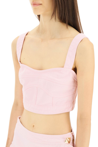 Shop Self-portrait Denim Cropped Top In Pink