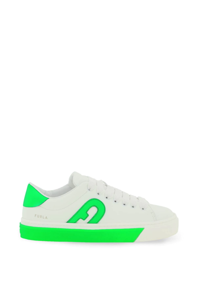 Shop Furla Joy Leather Sneakers In White,green