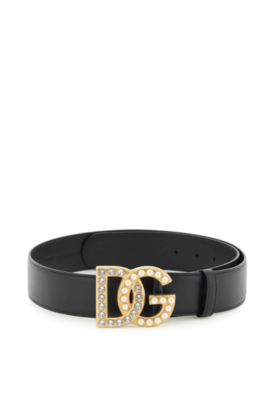 Dolce & Gabbana Black Belt With Dg Logo Buckle With Pearls And Rhinestones In Smooth Leather Woman In Black