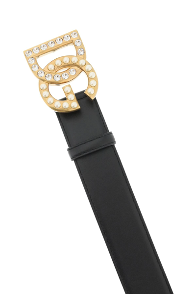 Dolce & Gabbana Black Belt With Dg Logo Buckle With Pearls And Rhinestones In Smooth Leather Woman In Black