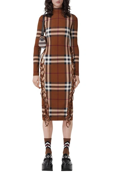 Shop Burberry Licia Check Lace-up Long Sleeve Dress In Dark Birch Brown Pat