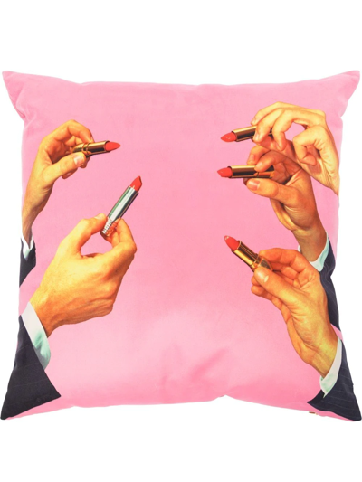 Shop Seletti X Toiletpaper Lipstick-print Square Cushion In Pink