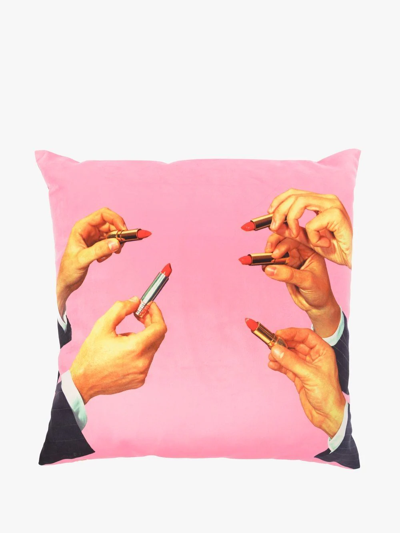 Shop Seletti X Toiletpaper Lipstick-print Square Cushion In Pink