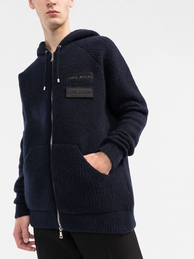 Shop Balmain Logo-patches Zipped Hoodie In Blue