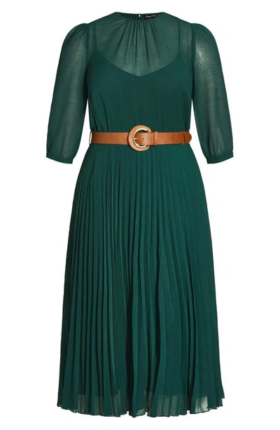 Shop City Chic Love Pleat Belted Dress In Jade