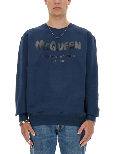 Shop Alexander Mcqueen Graffiti Logo Print Sweatshirt In Blue