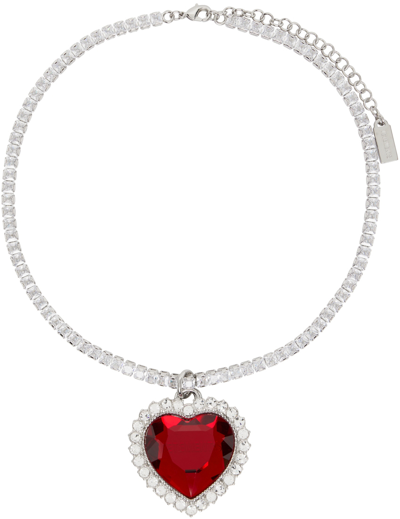 Shop Vetements Silver & Red Crystal Heart Necklace