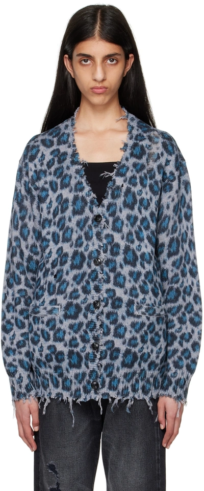 R13 Animal print Distressed Knitted Cardigan In Blue Leopard