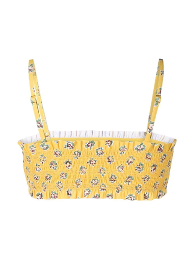 Tory Burch Smocked Floral-print Bikini Top In Yellow