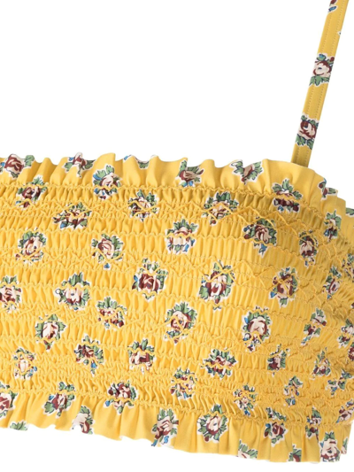 Tory Burch Smocked Floral-print Bikini Top In Yellow