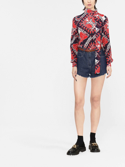 Valentino Logo Bandana-print Scarf-neck Silk Blouse In Blau