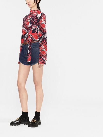 Valentino Logo Bandana-print Scarf-neck Silk Blouse In Blau
