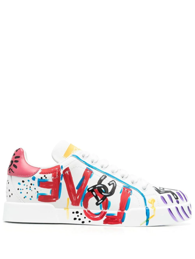 Shop Dolce & Gabbana Portofino Painted Leather Sneakers In Weiss