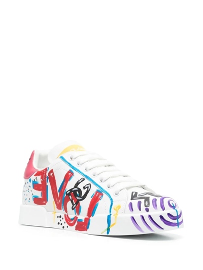 Dolce & Gabbana Calfskin Portofino Sneakers With Lettering In Weiss