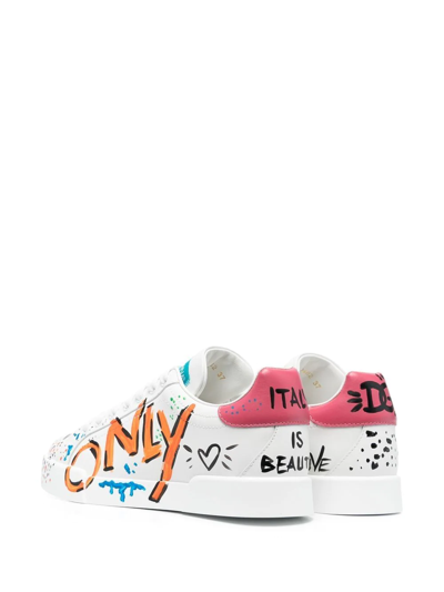 Dolce & Gabbana Calfskin Portofino Sneakers With Lettering In Weiss