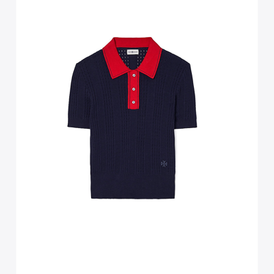 Shop Tory Sport Cotton Pointelle Polo Sweater In Tory Navy/gala Red