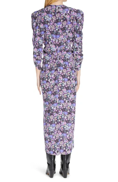Shop Isabel Marant Albini Floral Print Long Sleeve High-low Stretch Silk Midi Dress In Ultra Violet