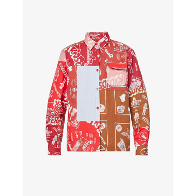 Shop Kidsuper Patchwork Graphic-print Relaxed-fit Cotton Jacket In Red