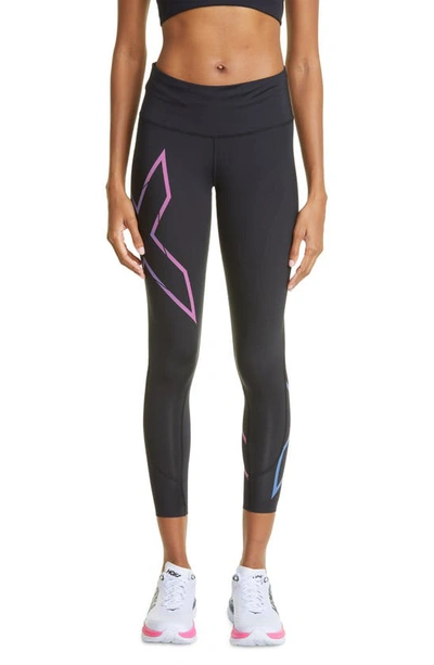 2xu Light Speed Mid Rise Compression Running Tights In Black/ Festival  Ombre Reflect