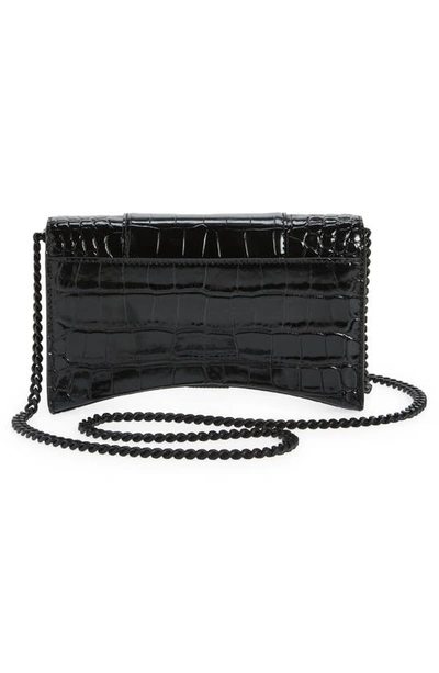 Shop Balenciaga Hourglass Croc Embossed Leather Wallet On A Chain In Noir