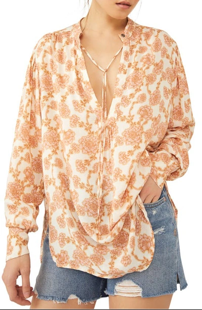 Shop Free People Mia Floral Print Tie Neck Tunic Top In Ivory