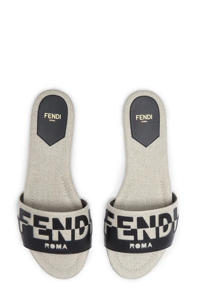 Shop Fendi Signature Bicolor Logo Slide Sandal In Nero/ Grezzo