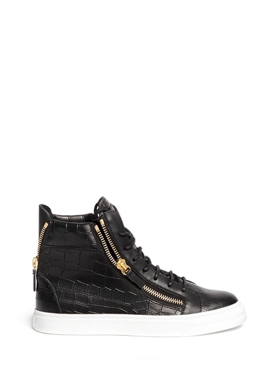 Giuseppe Zanotti 'london' Croc Embossed Leather High Top Sneakers In Black