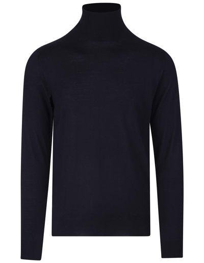 Shop Fedeli Man Navy Blue Turtleneck Cashmere And Silk Pullover In Blu Navy