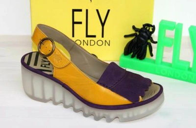 Pre-owned Fly London Leder Sandalette Keil Sandale - Made In Portugal - Bind Yellow - Neu