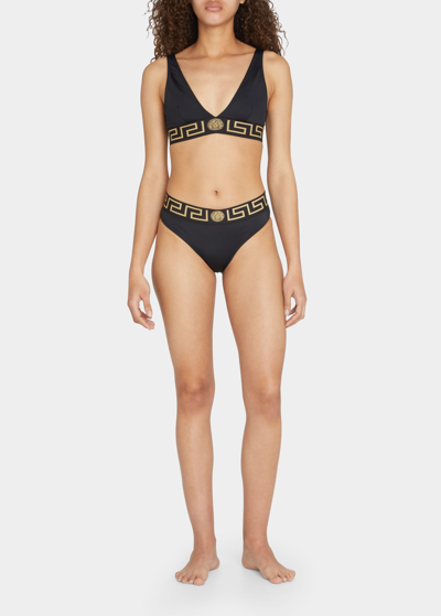 Shop Versace Greca Border Triangle Bikini Top In Black