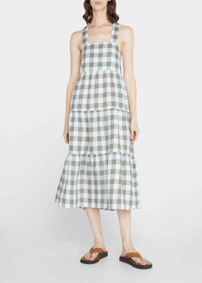 Shop Vitamin A Canyon Linen Checked Tiered Midi Dress In Ecolinen White