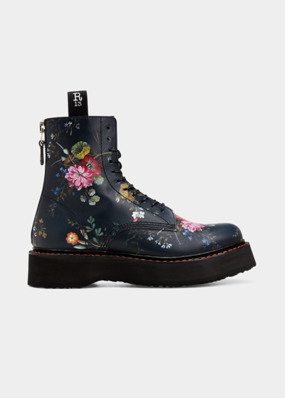 Shop R13 Floral Calfskin Combat Boots In Black / Floral