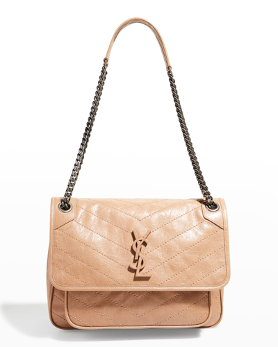 Shop Saint Laurent Niki Medium Ysl Monogram Flap Shoulder Bag In Dark Toffee